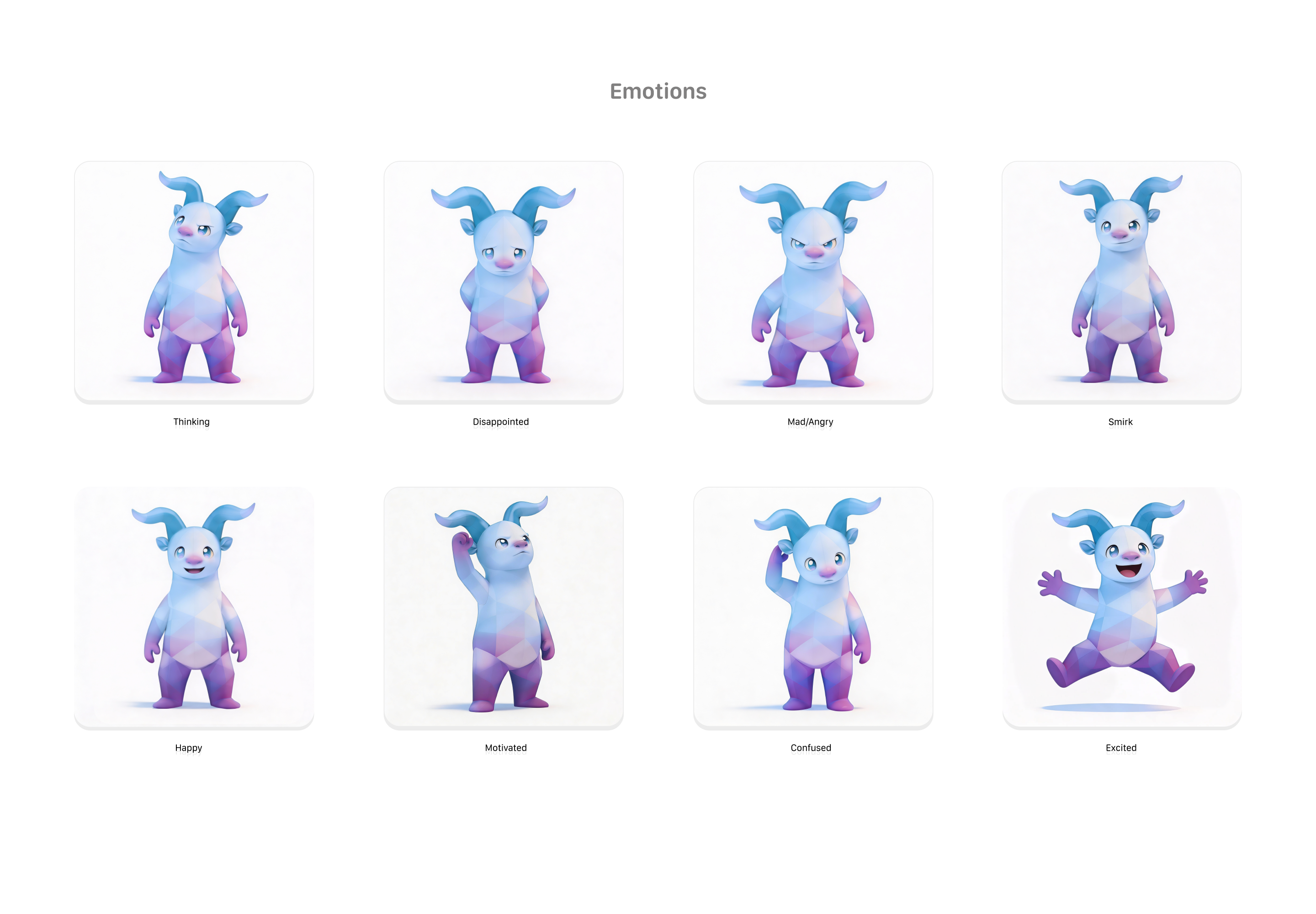 Tradezella mascot showing 8 expressions: Thinking, Disappointed, Mad/Angry, Smirk, Happy, Motivated, Confused, Excited