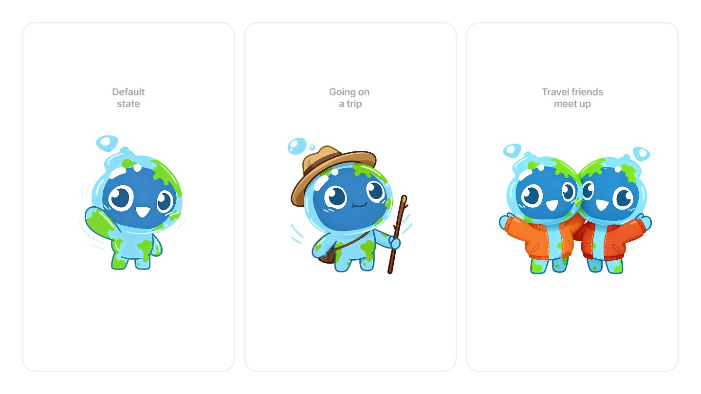 tripbff mascot in three states: default, going on a trip, and travel friends meet up
